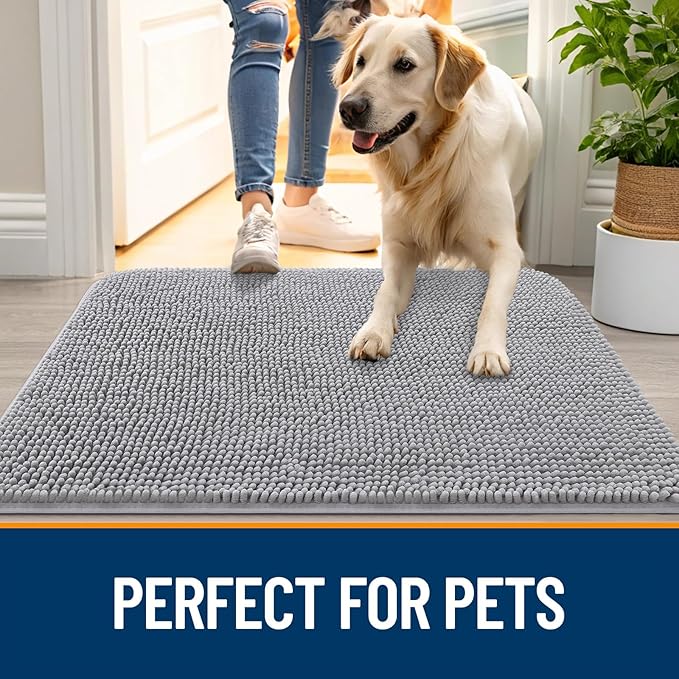 OLANLY Dog Door Mat for Muddy Paws 59x32, Absorbs Moisture and Dirt, Absorbent Non-Slip Washable Doormat, Quick Dry Chenille Mud Mat for Dogs, Entry Indoor Entryway Carpet for Inside Floor, Light Grey