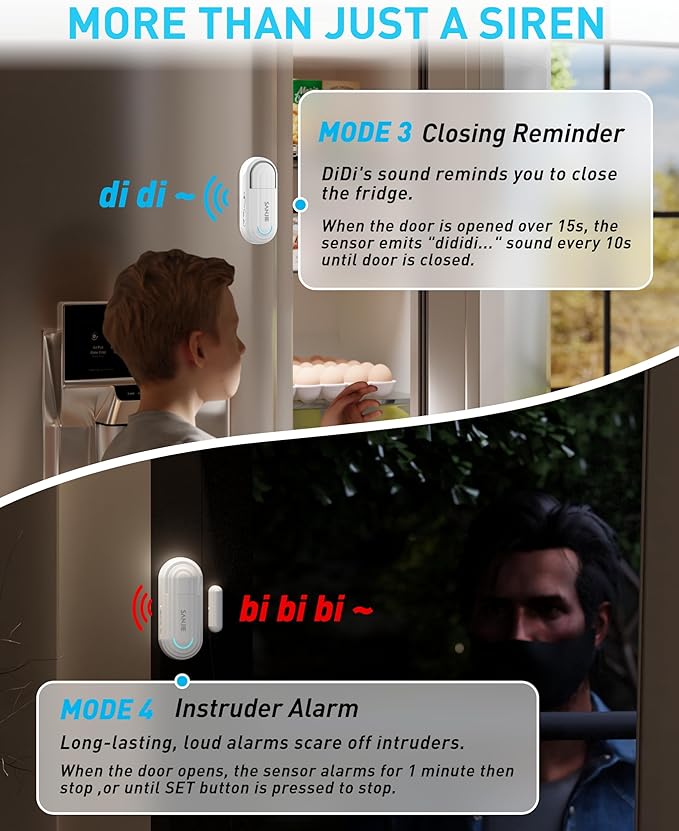 Sanjie Pool Door Alarms for Kids Safety/Home Security/Dementia,4 Working Modes,Wireless Door Open Alarm,Window Alarms Sensors,0-120dB Volume Adjustable,2 Sensors 2 Remote Controls