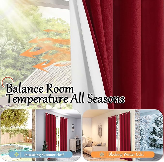 Linen Blackout Christmas Curtains - Red Thermal Insulated Curtains 90 Inch Long for Bedroom Living Room, Thick Heavy Light Blocking Energy Saving Soundproof Drapes Each 52x90 Inch 2 Panels