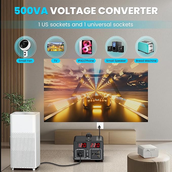 500W Voltage Converter Transformer(110V to 220V or 220V to 110V) Step Up/Down Converter 110/120 Volt - 220/240 Volt w/US Power Cord,Circuit Breaker Protection, LCD Screen Display, Manual Setting