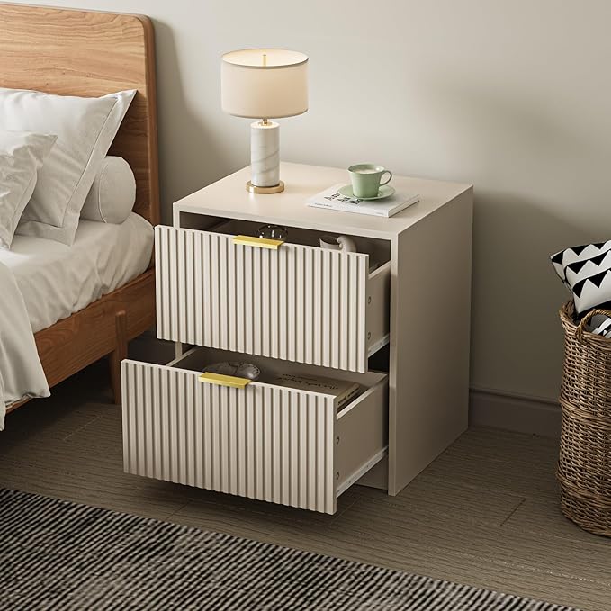 3-Piece Dresser Bedroom Set, 7 Drawer Dresser & 2 Drawer Nightstands with Gold Handles, Fluted Wood Chest of Drawers for Bedroom, Living Room, Entryway, Beige