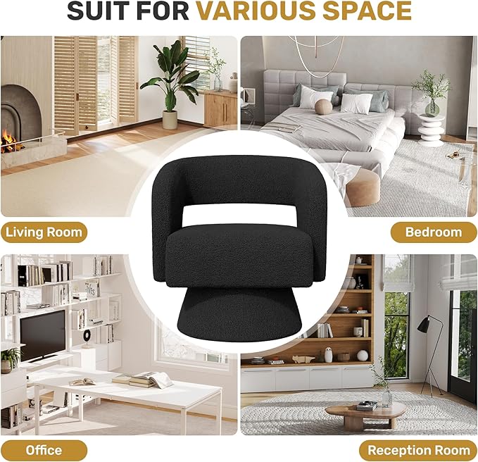 Swivel Accent Chair, Modern Comfy Teddy Barrel Chairs, Oversized Upholstered Round Arm Chair for Living Room, Bedroom, Reading Room, Black, 1 PCS