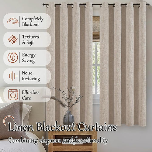 60 Inch Wide Linen Blackout Curtains for Bedroom 63 Inch Length 2 Panels, Total Black Out Thermal Insulated Energy Efficiency Grommet Boho Window Drapes White Liner for Modern Farmhouse, Beige