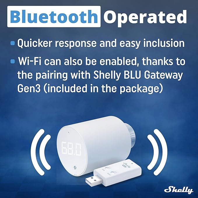 Shelly Blu TRV & Blu Gateway Gen3, Bluetooth-Operated Smart Thermostatic Valve, Smart Thermostatic Radiator Valve, Temperature Control, Home Automation, Compatible with Alexa, Google, Home Assistant