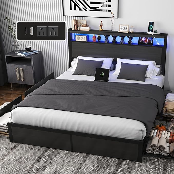 Fabuils Full Size Bed Frame with Storage, LED Wood Bed Platform with Headboard, 4 Drawers, Charging Station, No Box Spring Needed, Metal Support Base,Charcoal Grey