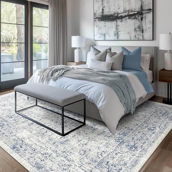 3x5 Rug, Small Area Rug for Living Room, Bedroom, Kitchen, Machine Washable Non-Slip Throw Rug, Vintage Distressed Floral Carpet for Entryway Nursery Dinner Room - Durable (Blue)