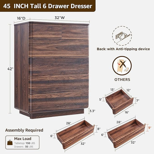 ACCOHOHO 6 Drawer Dresser for Bedroom, 42 Inch Tall Modern Chest of Drawers, Push-to-Open Wood Storgae Organizer with Large Drawers for Bedroom, Living Room, Hallway, Brown
