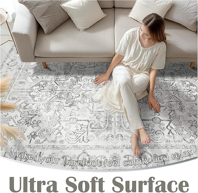 jinchan Lima Hallway Runner Rug 3x10 Washable - Vintage Floral Non Slip Low-Pile Soft Ultra-Thin Faux Wool Kitchen Rug Distressed Carpet Runner for Farmhouse Bedroom Laundry (3x10ft, Grey)