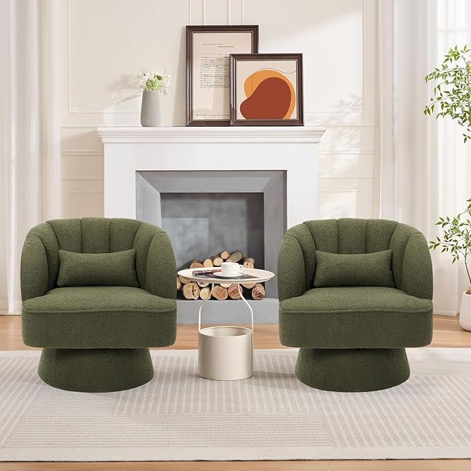 GarveeHome Modern Swivel Barrel Accent Chair, 360° Teddy Fabric Upholstered Armchair with Striped Backrest & Plush Padding, Comfy Round Lounge Chair for Living Room, Bedroom, Reading Nook, Green 2 PCS