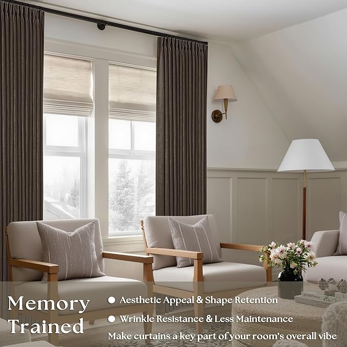 Dark Chocolate Pinch Pleated Linen 120 Inch Curtains 2 Panels for Living Room Bedroom Memory Training Shaped Semi Sheer Pleat Drapes with Hooks Rings Light Filtering Window Curtain 40x120