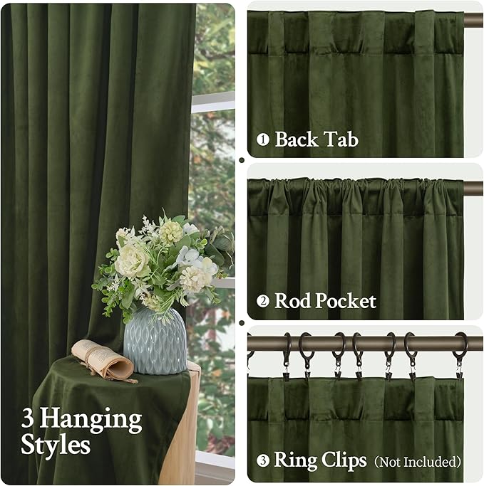 LAMIT 90 Inches Velvet Curtains for Living Room, Olive Green Thermal Insulated Blackout Curtains Luxury Room Darkening Back Tab and Rod Pocket Window Drapes for Bedroom, 2 Panels, 52 x 90 Inch