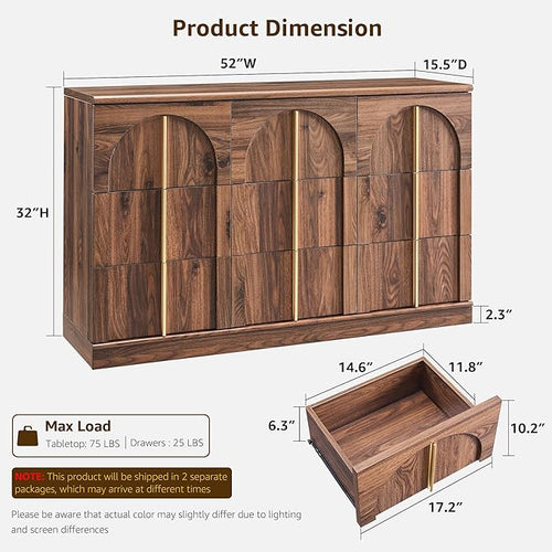 ACCOHOHO Arched Dresser for Bedroom with 9 Drawers, 52" Wide Modern Chest of Drawers with Rounded Edge & Metal Handles, Wood Storage Closet Dressers TV Stand for Living Room, Hallway, Brown