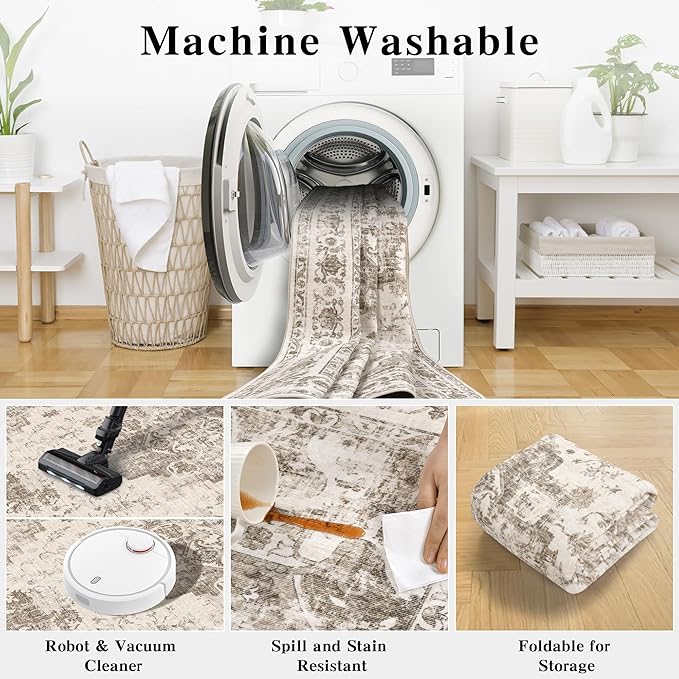 6x9 Vintage Washable Area Rugs Boho Medallion Large Distressed Retro Accent Carpet Floral Non-Slip Soft Low Pile Indoor Throw Rug for Living Room Bedroom Dining Room Office Kitchen, Taupe