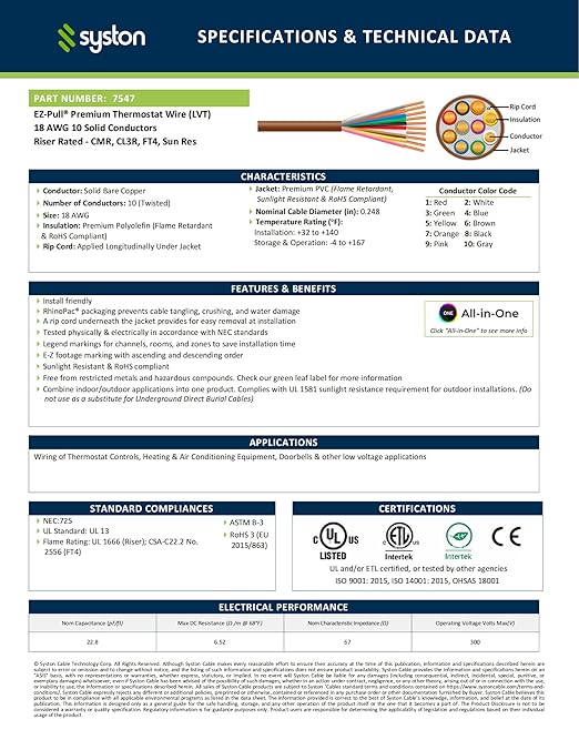 Syston 18/10 Thermostat Doorbell HVAC Heating Control Cable Wire, 18 AWG 10 Conductors 100% Solid Copper Conductors CL3R/FT4/CMR Riser-Rated, UV Resistant RoHS for Low Voltage Applications Use