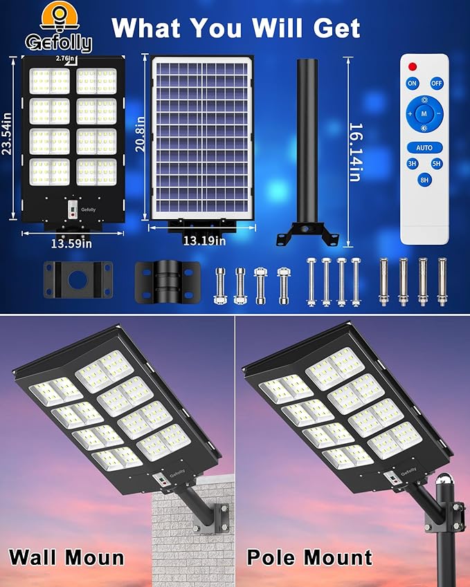 Gefolly SL-3800W Solar Street Light Outdoor 380000LM Wide Angle Commercial Parking Lot Lights Dusk to Dawn 6500K Flood Security Light IP67 Lamp for Basketball Court, Yard, Road