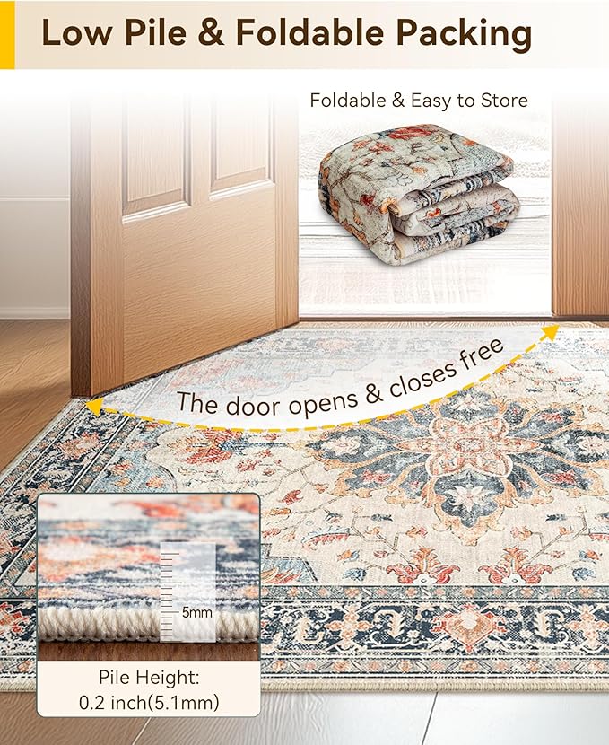 Area Rugs 7ft Washable Non-Slip, Floral Vintage Distress Print Pattern Medallion Carpet for Living Room Bedroom Dining Room, Beige Navy Blue Orange Colorful