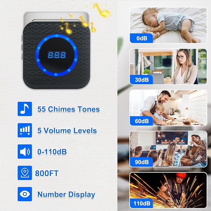 Wireless Door Chime for Business Home Office When Entering Door Alarms When Opened with 800Ft Range 55 Chimes 5 Volume Levels (1 Receiver & 4 Sensor)