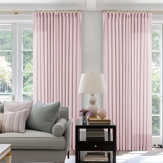 Pinch Pleat Light Pink Semi Sheer Curtains 108 Inches Long for Girls Bedroom Living Room Light Filtering Pleated Linen 108 Inch Curtains Drape Window 2 Panels Set Pink Blush Babys Nursery