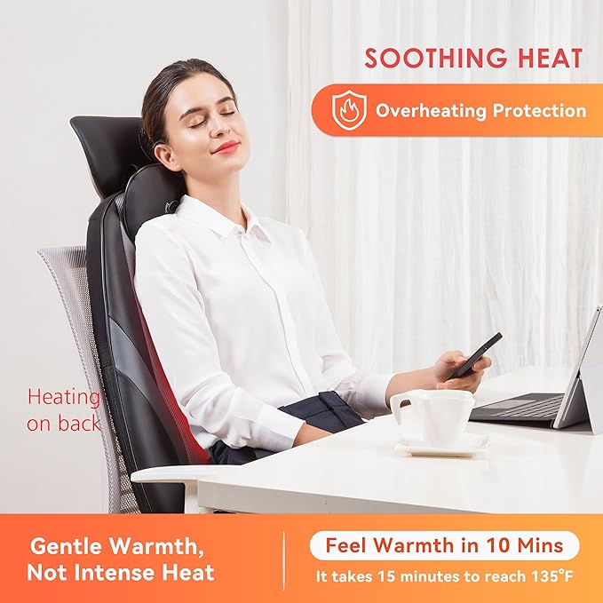 Snailax Shiatsu Back Massager with Heat Massage Chair Pad Kneading Back Massager for Pain Relief Deep Tissue Chair Massage Pad for Office Home