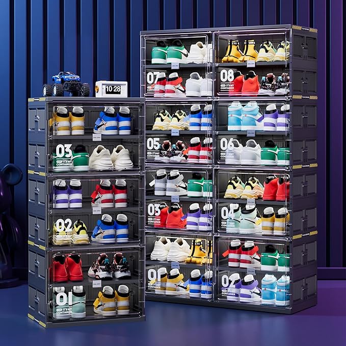 JEKO&JEKO 6-Tier Double-Column Foldable Shoe Storage Cabinet with Magnetic Doors, Large Collapsible Shoe Rack Organizer for Entryway, Fits Up to 24 Pairs, Black