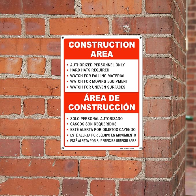 Brimar - 10" x 14" - Bilingual Construction Area Rules Sign - .055″ Polyethylene Plastic - Bilingual Design - Easy Installation