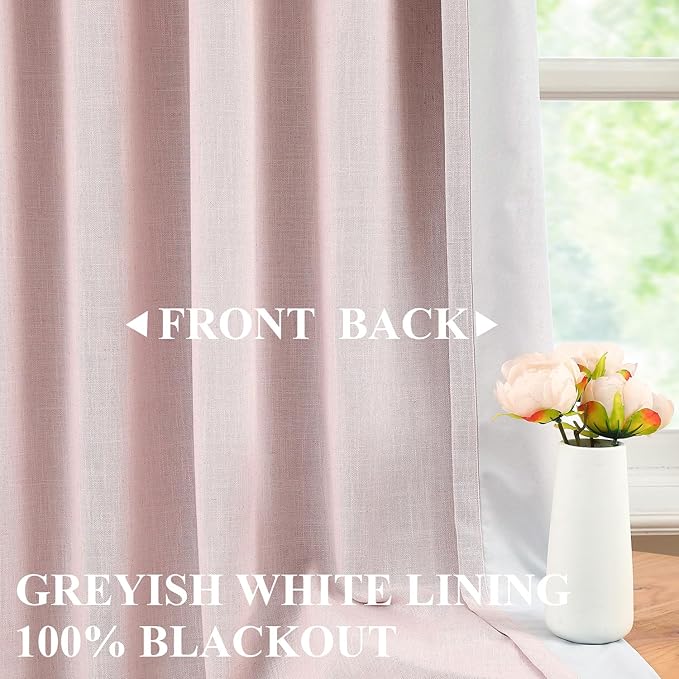 Vision Home Soft Pink Linen Full Blackout Curtains 90 inch Long for Bedroom Living Room Darkening Soundproof Window Panels Thermal Insulated Rod Pocket Back Tab Neutral Drapes 56" Wx90 Lx2