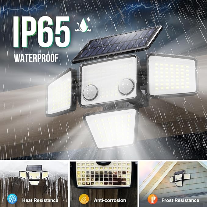 LYWALT Solar Outdoor Lights - 3000LM 188 LED Motion Sensor Outdoor Lights, 4 Heads Security Light,IP65 Waterproof, Easy Install,270°Wide Angle Flood Wall Light with 3 Modes for Backyard Yard (3 Pack)