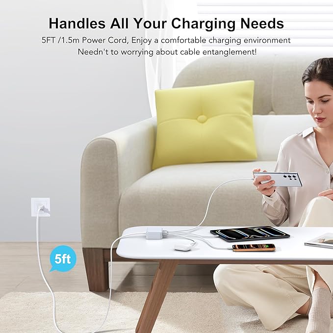 USB C Fast Charger, 100W GaN 6 Port Type USB C Charging Station Hub Block Cube, USB C Wall Charger Power Strip Adapter Plug for iPad iPhone 17 16 15 14 13 12 Pro Max Pixel Note Galaxy, 5ft Cord