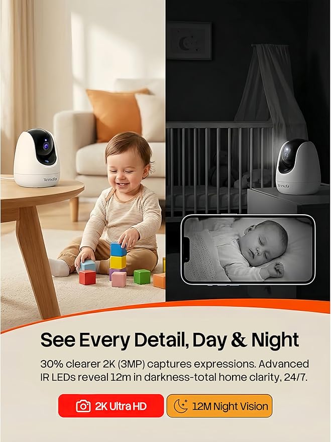 Tenda CP3 Pro 2K Indoor Security Camera with WiFi 6 & AI Baby/Pet Detection – Baby Monitor, Pet Camera for Home, One-Touch Calling, Night Vision, Military-Grade Encryption, No Subscription Needed