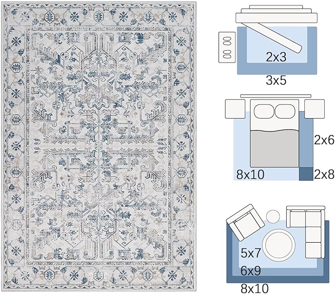 jinchan Lima 2x3 Entryway Washable Rug - Non-Slip Indoor Distressed Doormat Small Rug Low Pile Ultra-Thin Accent Floral Print Indoor Mat for Entrance Kitchen Bathroom Bedroom (2x3ft, Blue)