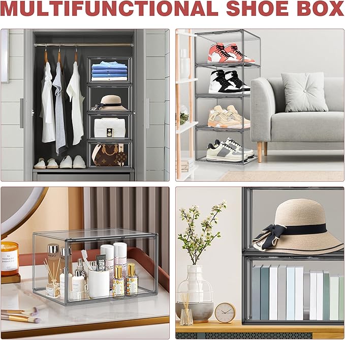 10 Pack Large Clear Shoe Box Shoe Storage Organizer with Magnetic Door Stackable Shoe Containers for Sneakers, High Heels, Sport Shoes, Size 13