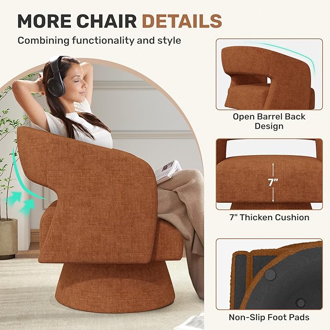 Swivel Accent Chair Set of 2, Modern Comfy Chenille Barrel Chairs, Oversized Upholstered Round Arm Chair for Living Room, Bedroom, Reading Room, Caramel
