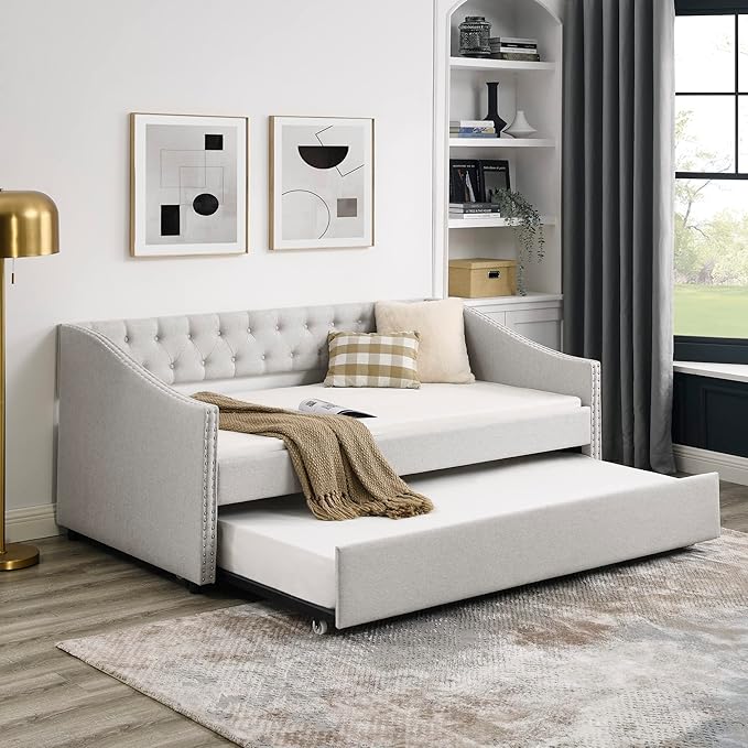 Favfurish Upholstered Twin Size Daybed with Twin Trundle, Solid Wooden Sofa Bed Frame w/Button Tufted Backrest and Copper Nail on Waved Shape Arms, No Spring Box Need, Space-Saving Design