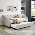 Favfurish Twin Size Daybed with Trundle,Linen Upholstered Sofa Bed W/Button on Back & Copper Nail on Waved Shape Armrests,Space Saving,No Spring Box Need,Wood Bedframe for Living Room Bedroom,Beige