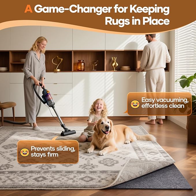 Veken Non Slip Cushioned Rug Pad Gripper 8 x 10 Ft, Felt and Silicone Backing, 3/8 inch Thick Carpet Liner for Hardwood Floors and Finishes, Under Area Rugs Anti Skid Mat, Keep Rugs Safe and in Place