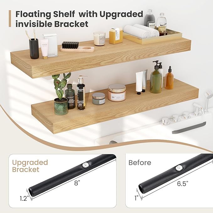 Heimlove 24 x 12 Inch Deep Floating Shelves Wall Mounted with Invisible Brackets,Storage Hanging Shelf for Wall Decor in Bathroom, Bedroom, Toilet, Kitchen, Living Room, Office Set of 2 (Oak)