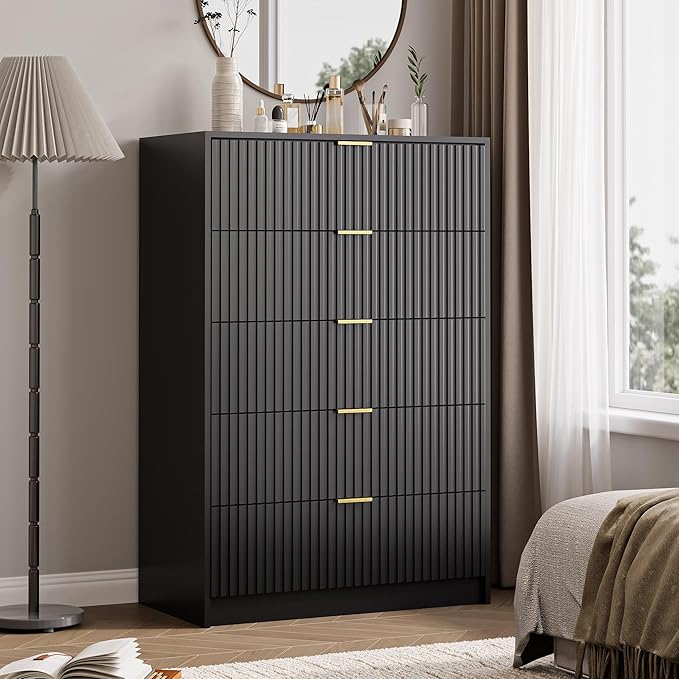 3-Piece Dresser Bedroom Set, 5 Drawer Dresser & 2 Drawer Nightstands with Gold Handles, Fluted Wood Chest of Drawers for Bedroom, Living Room, Entryway, Black