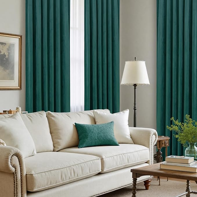 LAMIT Teal Velvet Curtains 90 Inch Length, Thermal Insulated Room Darkening Drapes for Living Room Luxury Privacy Protected Back Tab and Rod Pocket Panels for French Door, 2 Panels, 52 x 90 Inch