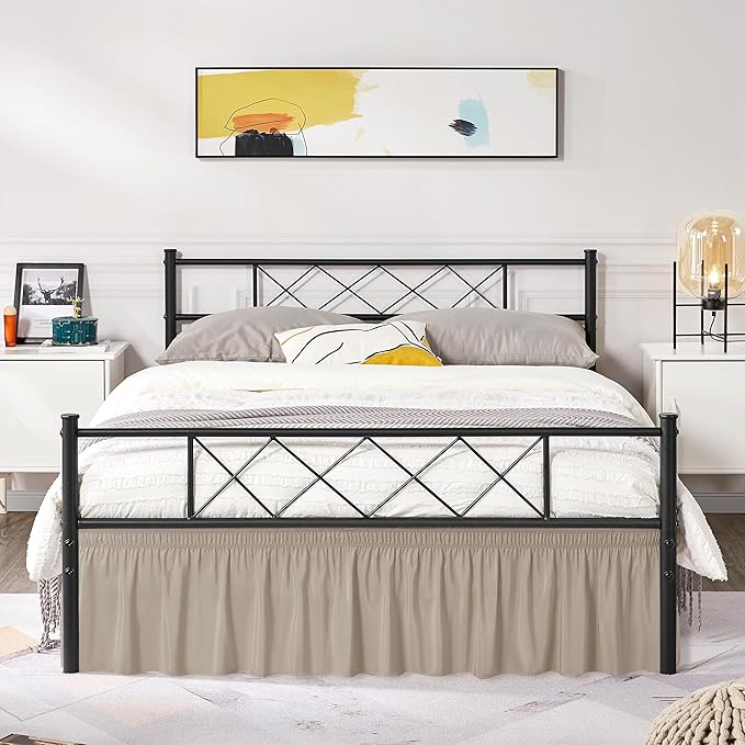 Biscaynebay Wrap Around Bed Skirts with Split Corners for Queen Beds 17" Drop, Light Camel Elastic Dust Ruffles Easy Fit Wrinkle & Fade Resistant Silky Luxurious Fabric Solid Machine Washable