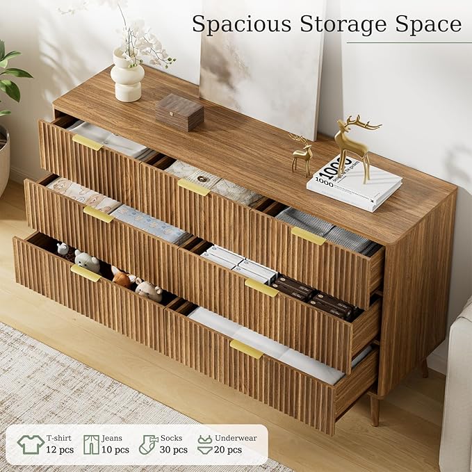LYNSOM Fluted Dresser and Nightstand Sets 3 Piece, 7-Drawers Dresser and 1-Drawer Nightstands Set of 2, Wood Bedroom Furniture Set for Home, Bedroom, Hallway, Walnut