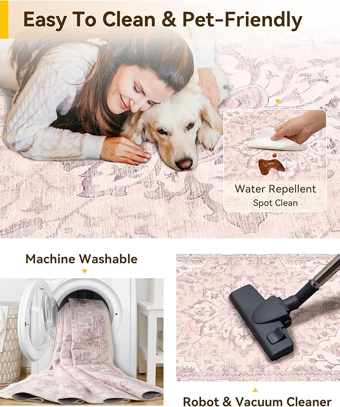 Area Rugs 2'x8' Washable Non-Slip, Floral Vintage Distress Print Pattern Medallion Carpet for Living Room Bedroom Dining Room, Pink Greypink Cute