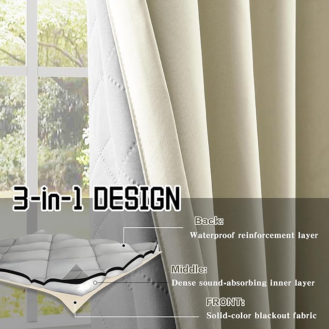 3-in-1 Layers Heavy Duty Noise Canceling Curtains for Bedroom Grommet Full Blackout Window Drapes Thermal Insulation Curtains for Living Room (1 Panel, Beige, 50" x 84")