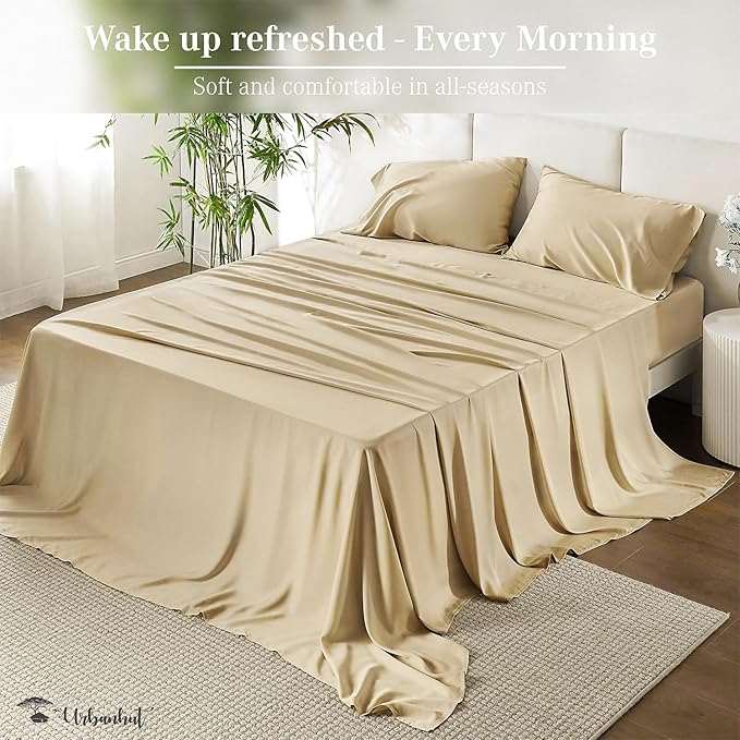URBANHUT 800 Thread Count 100% Cotton Queen Size Sheets, Luxury 4 Piece Queen Bedsheets, Hotel Sheets Sateen Finish - Better Than Egyptian, 16" Elasticized Deep Pocket - Sand