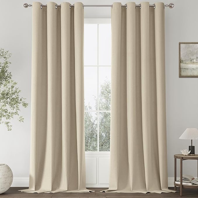 ChrisDowa 100% Blackout Natural Solid Solid Curtains 102 Inches Long 2 Panels for Bedroom Living Room,Farmhouse Room Darkening Thermal Insulated Soundproof Grommet Top Window Treatment Drapes,52x102