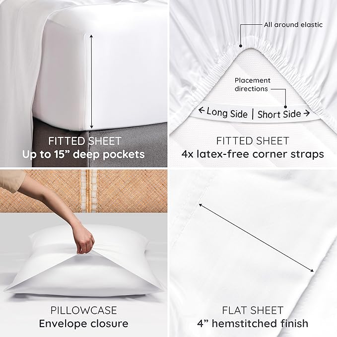 Bambaw 100% Viscose Derived from Bamboo Sheets Full Size Set – 4pcs Cooling Sheets for Hot Sleepers, Super Soft Full Size Sheets, with Elastic Corner Straps, Hotel Luxury Bed Sheets Set (White)