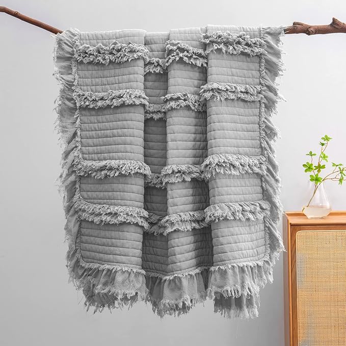 HORIMOTE HOME Stone Washed Quilted Throw Blanket with Ruffle Fringe Design - Soft & Chic Rustic Decorative Blanket for Couch, Bed, Chair - Pre-Washed Grey Boho Style - 50"x60"