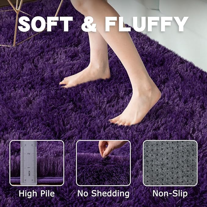 Round Purple Rug for Bedroom, 5 ft Circle Area Rugs for Living Room, Soft Fluffy Shag Carpet for Teen Girls Boys Nursery Room Dorm Home Decor Aesthetic