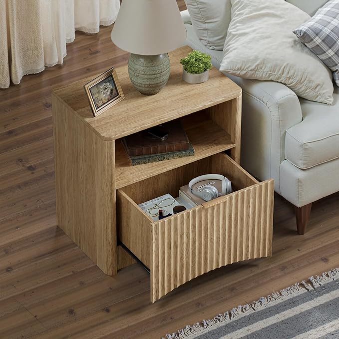 Evermagin Fluted Nightstand, Natural Oak Bedside Table with Drawer and Storage, Wood End Table Mid Century Modern, Large Night Stand for Bedroom