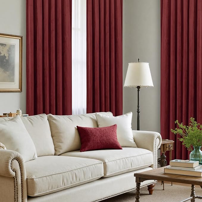 LAMIT Velvet Curtains 90 Inch for Theater, Burgundy Red Thermal Insulated Blackout Curtains for Living Room Darkening Back Tab and Rod Pocket Christmas Panels for Bedroom, 2 Panels, 52 x 90 Inch