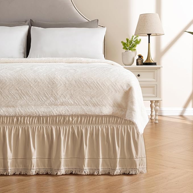 MIYE Wrap Around Ruffled Lace Bed Skirt, Elastic Dust Ruffle with Adjustable Belts, Easy to Put On, Bed Frame Cover, Machine Washable (Tassel Ruffle/Beige, Full/Twin-15 Drop)